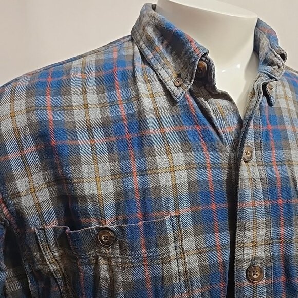 Duluth Trading Free Swingin Flannel Shirt Mens Size Large Blue Button Up Pockets - Picture 2 of 9